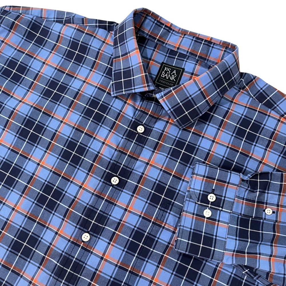 Jos A Bank Mens Traveler Shirt 2XLT Blue Plaid Button Down LS Traditional Fit